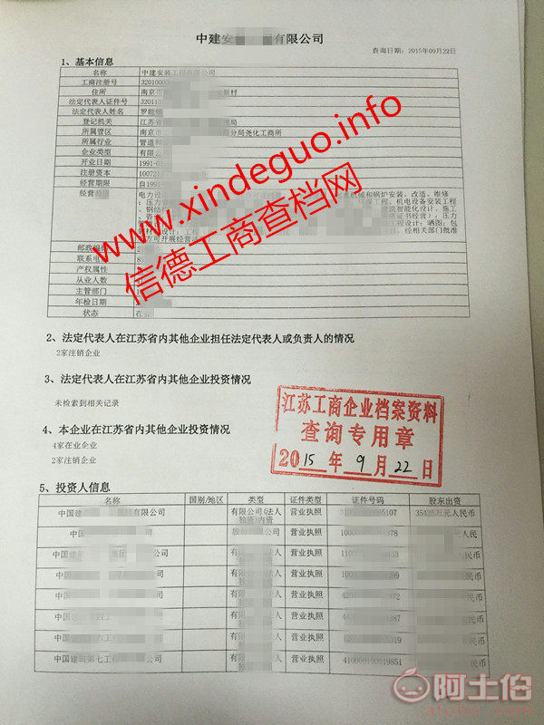 南京企业工商局注册登记资料信息查询单打印